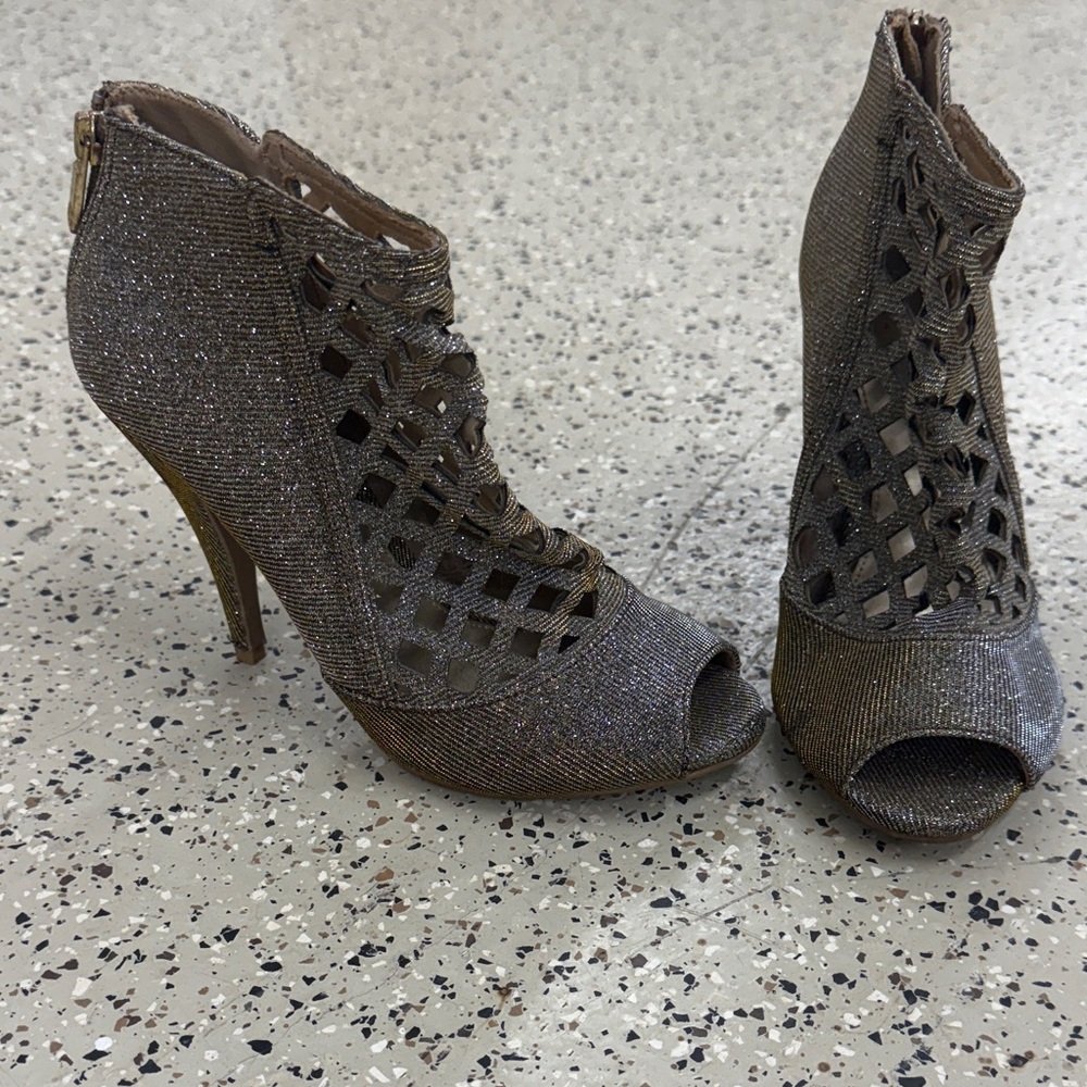 Christian Siriano Glittery Brown Peep-Toe Heels